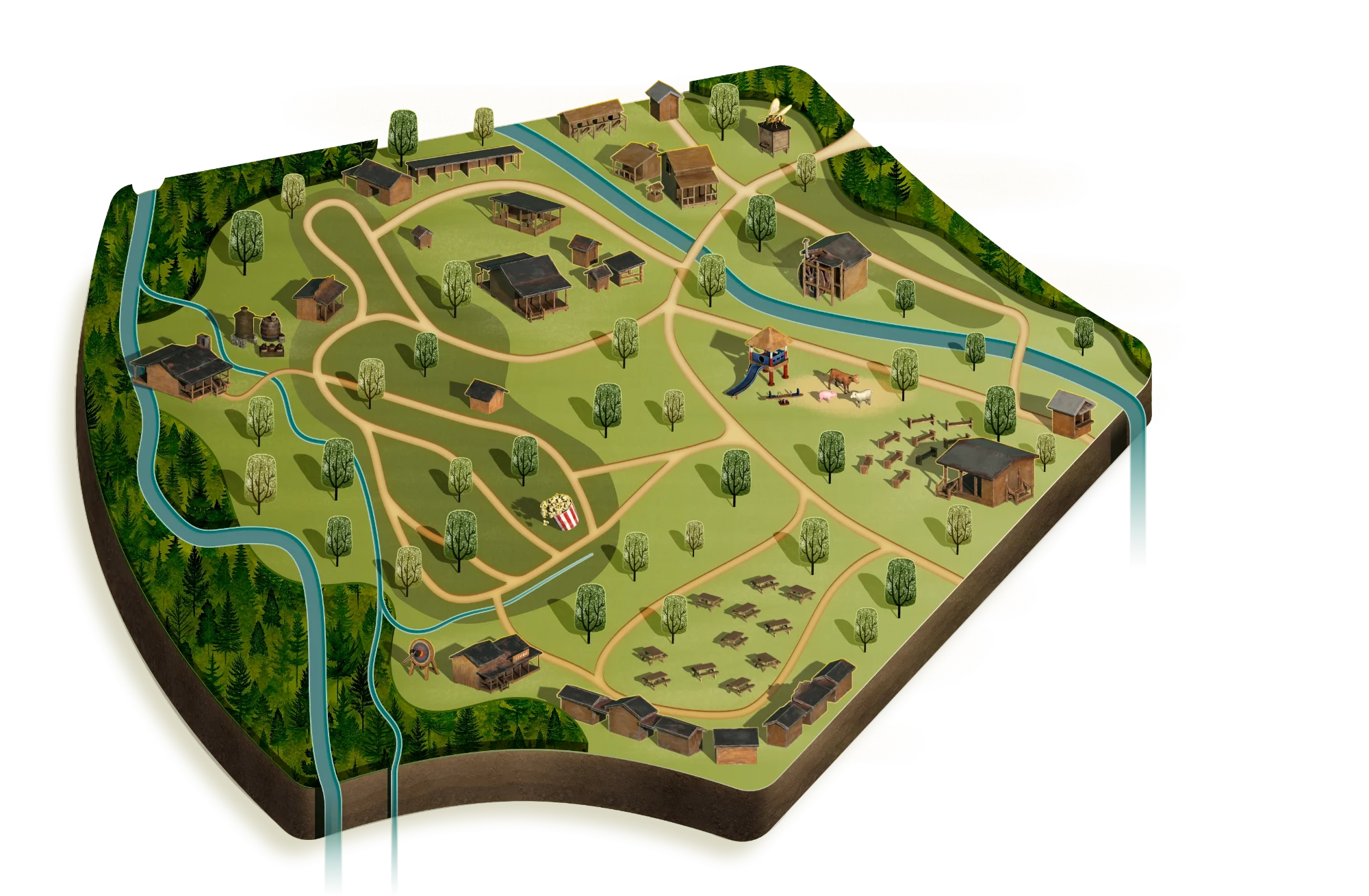 Illustrated bird's-eye map of the Homestead Hollow grounds, with 14 numbered stops listed below the map.